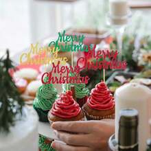 12/24 件圣诞快乐纸杯蛋糕装饰绿红金闪粉圣诞纸杯蛋糕装饰圣诞主题新年快乐派对蛋糕装饰品