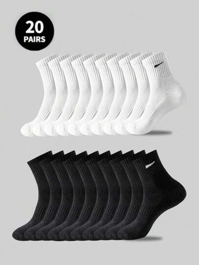 1/5/10/20 Pairs Men's Breathable Casual Mid-Calf Socks, Odor-Resistant & Moisture-Wicking White & Black Socks, Suitable For All Seasons Daily & Office Wear, Size 36-42, Fall Socks