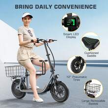 tooluck Electric Scooter Adults With Kid Seat, Electric Scooter Adults With 12" Tires,Up To 30Miles&20MPH, Foldable E Scooter With Seat For Commuting - Grey - View 3