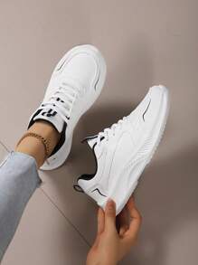 女士刻字日常旅游休闲运动鞋,品牌特价厚底老爹鞋2025秋冬新款女鞋防滑软底高弹轻便运动鞋,四季白色运动鞋女轻便软底小白鞋爆款皮跑步鞋, - 白色 - 查看 5