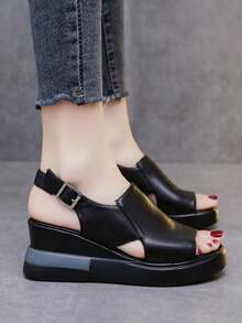 Sandalias de cuña de suela gruesa para mujer, color liso, sencillas y elegantes. - Negro - Ver 4