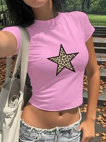 Leopard Print Star Fashion Women's Fashion Short T-Shirt - 粉色 - 查看 1