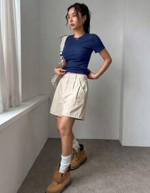 Women's Short Sleeve Ribbed Premium Comfortable  T-Shirt - 藏蓝色 - 查看 2