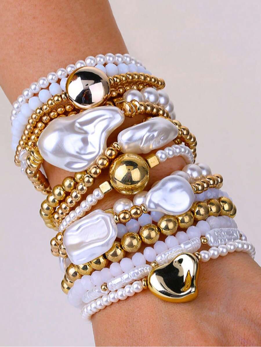 15Pcs Boho Fashionable Stackable Imitation Pearl Irregular Beaded Bracelet Set For Women On Vacation & Daily Wear ﻿ - White Gold - View 1