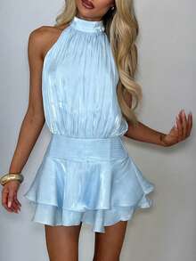 Women Mini Halter Neck Dress Pleated Sleeveless Open Back A-Line Layered Ruffle Short Dress - Azul - View 2