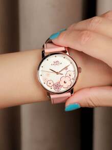 Coach Women's Pink Leather Strap Quartz Wrist Watch with Camellia Pattern Dial Watch Gold-tone Round Case Watch Elegant Dainty Ladies Watch - 粉色 - 查看 10