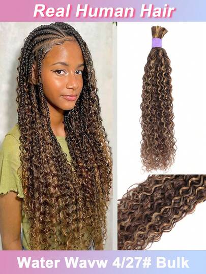 Cabelo humano para tranças Boho com mechas, ondulado, 4/27, sem trama, para tranças, com efeito molhado e ondulado, 1 pacote de 90g.