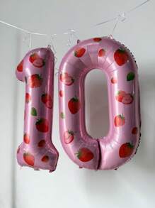 带草莓贴纸的 0-9 数字铝箔气球 - 生日派对装饰、公主主题、庆典用品、派对家居装饰、生日派对装饰 | 草莓主题装饰 | 气球、生日派对装饰