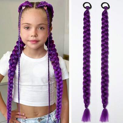 2pcs Children Synthetic Fiber Braided Ponytail Wigs, With Elastic Hair Ties, Long Straight Ponytail, Suitable For Girls Party