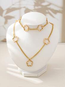 2pcs/Set Hollow Clover Metal Necklace & Bracelet Jewelry Set For Women, Fashion & Versatile