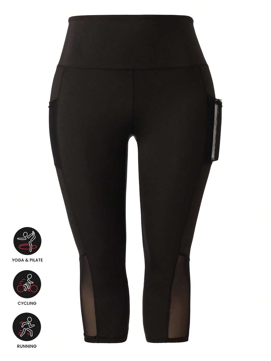 Calças femininas plus size para ioga, fitness, comprimento médio, com design de patchwork em malha e bolsos, adequadas para ioga, fitness e esportes - Preto - Ver 1