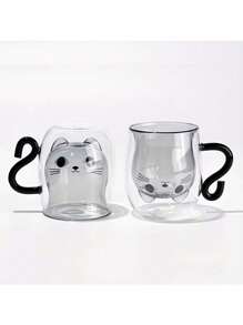 Joivida 1pc, Cup Coffee Cartoon Kitten Glass Coffee Mug, Double-Walled Espresso Coffee Cups, Heat Insulated Water Cups, Cute Kawaii Cat Drinkware, Birthday Gifts Back To School