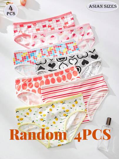 Calcinha elástica confortável de poliéster com estampa fofa aleatória, 4 peças, cor amor, xadrez, rosa, vários designs de estilo coreano e japonês, calcinha esportiva casual com estampa para uso diário