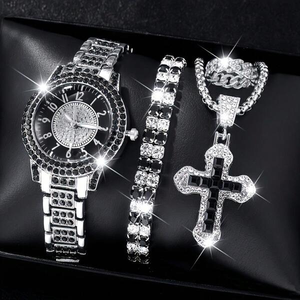 4PCS Women's Minimalist Quartz Watch Set - Elegant Sparkling Wristwatches For Daily Wear  Fashion Gift Box Included