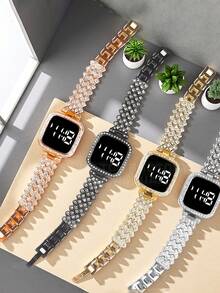 2pcs New Square Circular Set LED Temperament Electronic Watch For Girls And Students, Light Luxury Full Diamond Fashion Versatile Touch Digital Electronic Watch For Women, Gift Set - Black - View 4