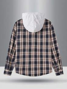 Men's Casual Loose Fit Checkered Hooded Shacket With Chest Pocket, Adjustable Drawstring, Versatile For Spring Autumn - Navy Blue - View 4