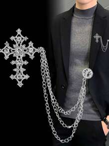 1pc New Lace Rhinestone Cross Brooch, Men's Personalized Chain Tassel Suit Lapel Pin Badge Office Accessories Shirts Jacket Jewelry Christmas Halloween