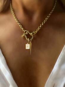 STYLEVER 1PC A-Z Initial Letter Chain,Full Diamond Horseshoe Buckle,Square Smooth Letter Charm Pendant,Stainless Steel Chain,For Celebrating Holiday And Daily,Unique And Exquisite Style