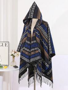 1pc Autumn/Winter Tassel Geometric Pattern Hooded Unisex Cape Shawl Outerwear For Daily Wear And Travel - Multicolor - View 13