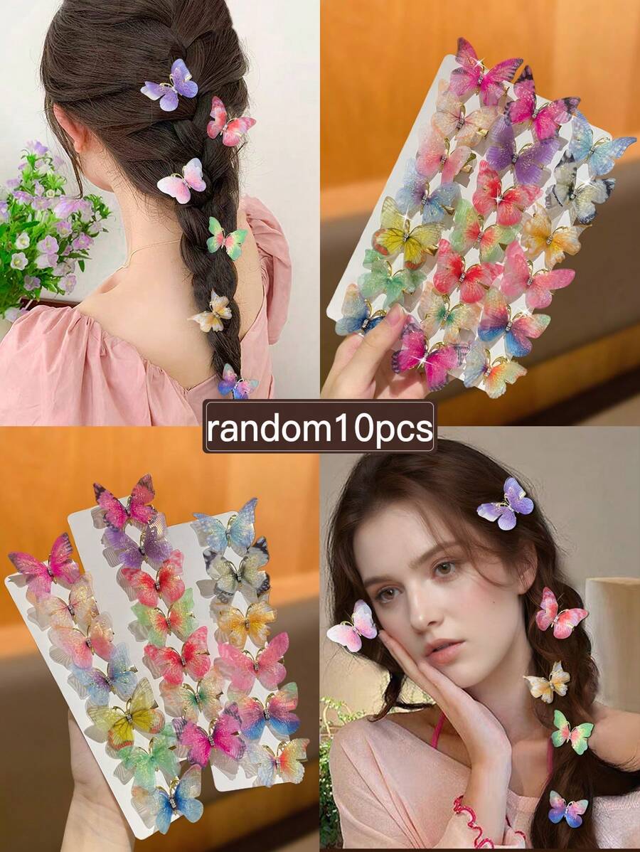 10 件/套女士时尚可爱水钻镶嵌彩色蝴蝶发夹，适合日常和派对使用，推荐作为礼物发饰，返校，爪夹，发夹，发夹，发夹，鸭嘴夹，狂欢配饰