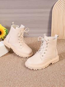 1 Pair Toddler/Kids Matte PU Leather Boots, Soft Lining, Side Zipper, Round Toe, Lace-Up, Thick Sole, Fashion Cute Mid-Calf Boots, Suitable For 3-12 Years Old Boys/Girls, Casual, Daily, Party, Vacation, Autumn/Winter - Beige - View 6
