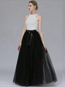 1pc Flare Tulle Skirt, New Arrival European & American Style, Tie-Waist Long Tail Skirt, Black/White/Ivory Polyester Casual - Multicolor - View 4