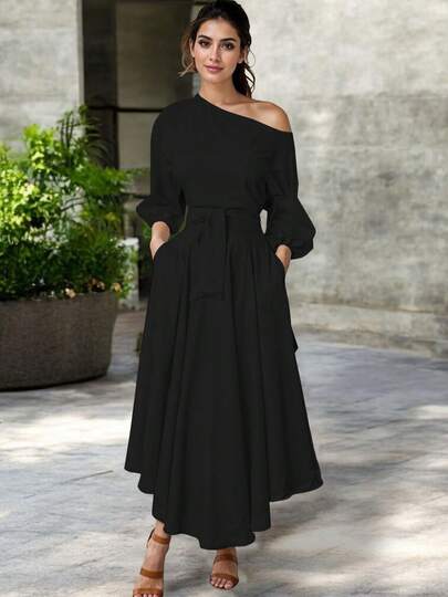 Vestido Largo Elegante Manga Abullonada Cinturón Ajustable Asimetrico Casual De Moda