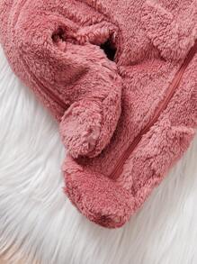 1pc Baby Girl Fleece Hooded Footed Romper, Front Zip Closure Long Sleeve Jumpsuit, Comfortable And Warm Daily Outfit For Newborn