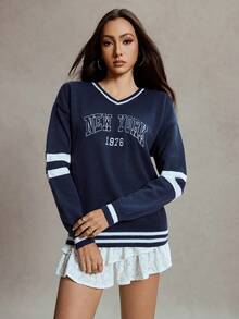 Women's New York Letter Pattern Sweatshirt V Neck Long Sleeve Pullover, Cable Knit Striped Casual Tennis Loose Top, Spring Autumn Winter - Multicolor - View 6