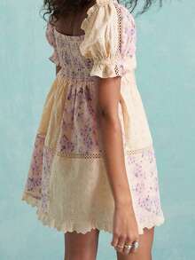 Women's Floral Print Maternity Dress Bow Tie Front Ruffled Trim V Neck Short Sleeve A-Line Mini Dress For Spring/Summer - 紫色 - 查看 2