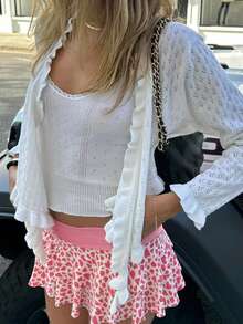 Layered Ruffle Mini Skirt For Women Summer Dots/Stripe/Heart Print/Solid Color High Waist Short Skirts - 紅白色 - 查看 2