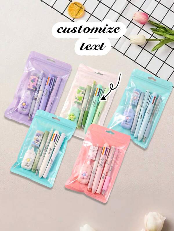 Set de 6 papetărie personalizate drăguțe, cadou estetic de înaltă valoare pentru studenți, cadou pentru întoarcerea la școală și absolvire, instrumente de scris din plastic cu radieră și pix