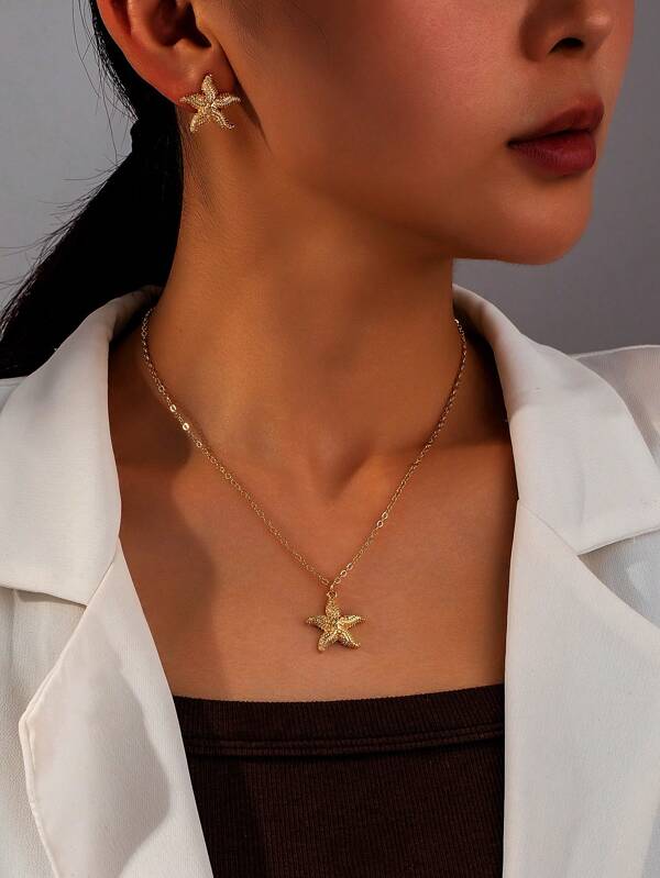1 Set Elegant Minimalist Geometric Starfish Design Women Earrings And Necklace Set