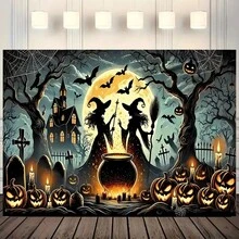 1 pieza Pancarta de fondo de garaje de Halloween, con escenas de bruja, calabaza y casa embrujada, adecuada para decoración de fiesta de Halloween, decoración de jardín, decoración de pared, decoración del hogar, celebración de aniversario y fondo de estudio fotográfico - Multicolor - Ver 3