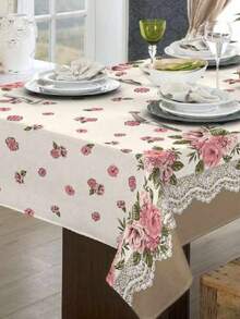 Rustic Oxford Luxury Linen Tablecloth 4/6/8 Seats Various Prints - Floral Rose - View 2