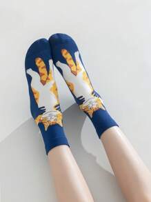 5 Paar Damen süße Katzen-Großaugen-Muster Socken, modisch, lustig, weich, bequem, atmungsaktiv, elastisch, geeignet für Lässig, Sport und Alltag, ganzjährig