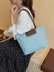 新款女士大容量尼龙休闲纯色手提包、单肩包、饺子包、托特包 - 藍色 - 查看 5