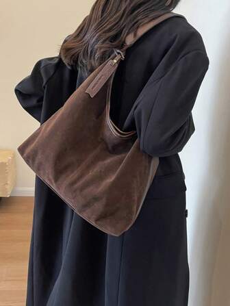 Retro Suede Large Capacity Casual Shoulder Tote Bag, Patchwork Color Block Tote Handbag, Elegant Versatile Commuter Bag For Women, Newest Fashionable Suede Bag For Women