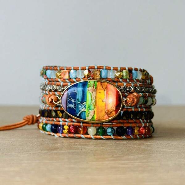 Boho Wrap Leather Bracelet For Women, Handmade 7 Chakra Imperial Jasper Natural Stone Crystal Bead Wrap Bracelets Collection, Handmade Adjustable Rope Lady Bracelet Gift, Boho Emotional Protection Bracelet