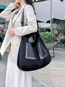 New Vintage Mesh Handbag Large Capacity Shoulder Bag Punk Rivet Hobo Bag Oversized Women Tote - Black - View 10