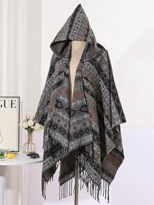 1pc Autumn/Winter Tassel Geometric Pattern Hooded Unisex Cape Shawl Outerwear For Daily Wear And Travel - Multicolor - View 15