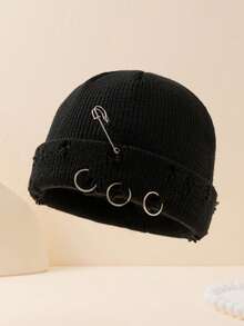 1pc Men's Solid Color Metal Ring Knit Beanie Hat, Minimalist Fashion Versatile Warm Knit Cap For Outdoor, Autumn/Winter Daily Wear Fall Outfit - A - View 2