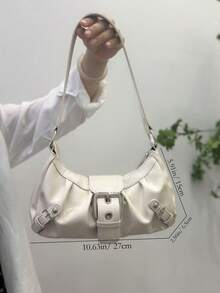 Y2K 女款复古梅洛色做旧软皮机车包，铆钉装饰，带扣装饰，褶皱云朵肩包/腋下包，法棍形方形包，适合工作、通勤、约会、派对 - 白色 - 查看 3