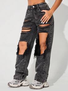 High Waist Straight Leg Ripped Pocket Jeans - Black - View 6