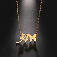 1 件时尚不锈钢 26 字母蝴蝶吊坠项链，适合女性日常佩戴 - 金黃色 - 查看 3