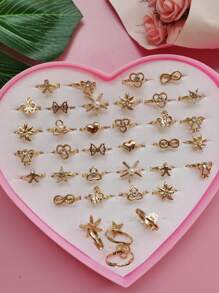 5pcs/Set + Gift Box Gold Adjustable Rings, Children Girls Jewelry, Alloy Rings, Jewelry Gift, Random Delivery