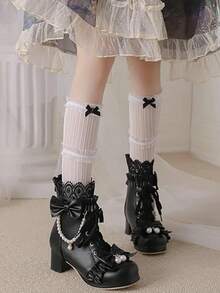 Platform Sweet Bow  Ankle Boots For Women Lace Goth Chunky Mid Heel Boots With Pearl Comfort Lace Up Princess Booties - Black - View 8