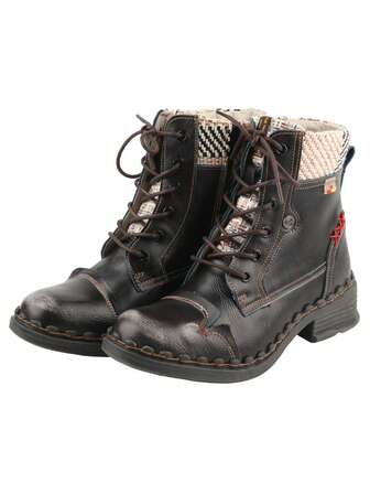  1 Par de Botas de Tobillo de Tacón Grueso con Cordones Negros de Moda para Mujer TMA EYES, Parte Superior de Cuero Genuino, Forro de PU, Plantilla de Masaje, Cordones Encerados, Costura de Contraste, Suela Antideslizante y Duradera, Cremallera Lateral para Facilitar el Calzado, Cómodas Botas de Tobillo de Talla Grande y Ajuste Ancho para Uso Casual