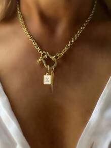 STYLEVER 1PC A-Z Initial Letter Chain,Full Diamond Horseshoe Buckle,Square Smooth Letter Charm Pendant,Stainless Steel Chain,For Celebrating Holiday And Daily,Unique And Exquisite Style