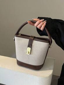 1pc Fashion Color Block Canvas Patchwork Buckle Strap Handbag With Detachable Shoulder Strap - Multicolor - View 3